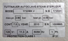 Load image into Gallery viewer, Tuttnauer 1730MK V Valueklave Manual Autoclave Dental Steam Sterilizer Unit
